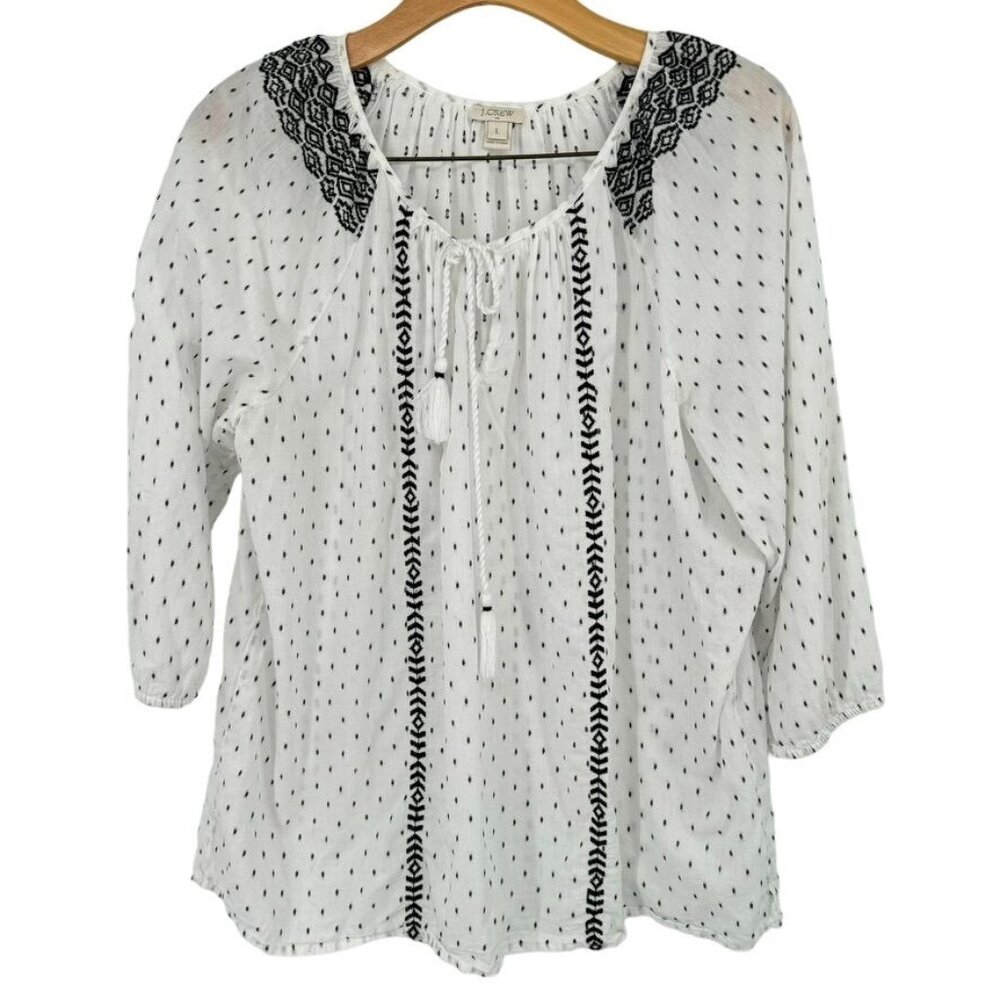 JCrew Womens Blouse Size Large White Black  Cotton Blend Peasant Top embroidered